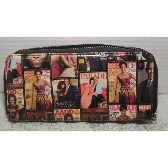 Michelle and Barack Obama Magazine Cover Collage Wallet Pre-Owned Zipper - Picture 7 of 8